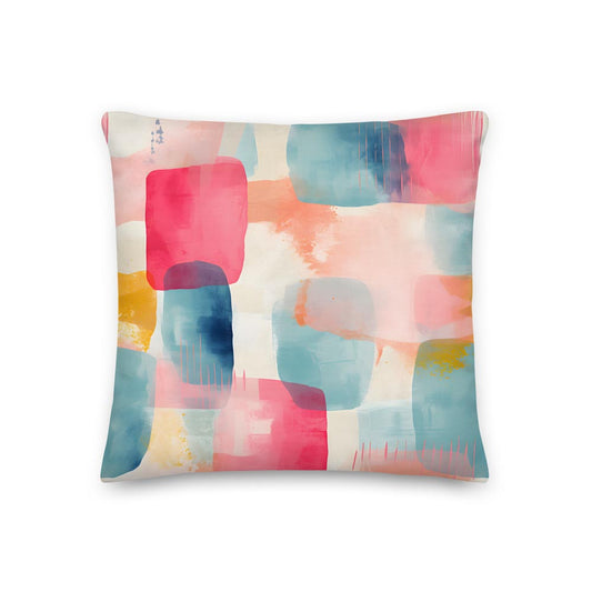 Close up of vibrant abstract design cushion with blocks of colour.